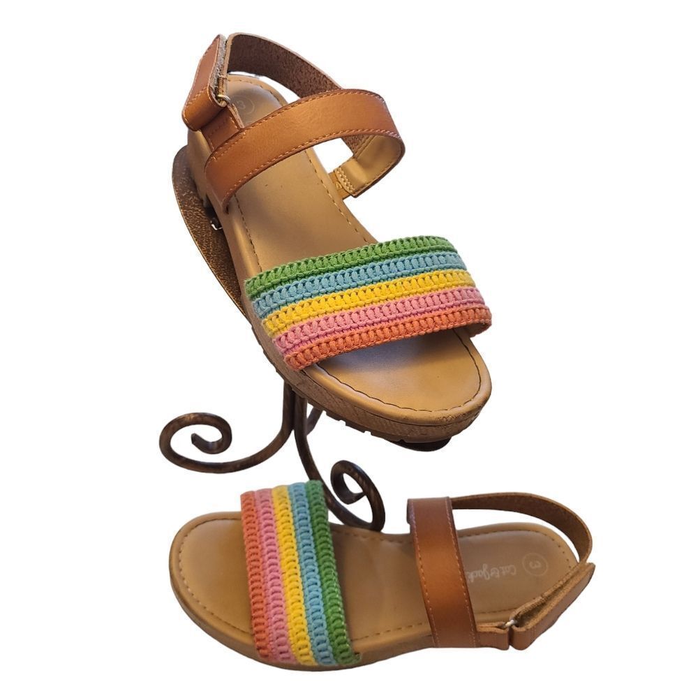Cat & Jack Sandals Crocheted Rainbow Cotton Leather Ankle Straps Kids sz 3